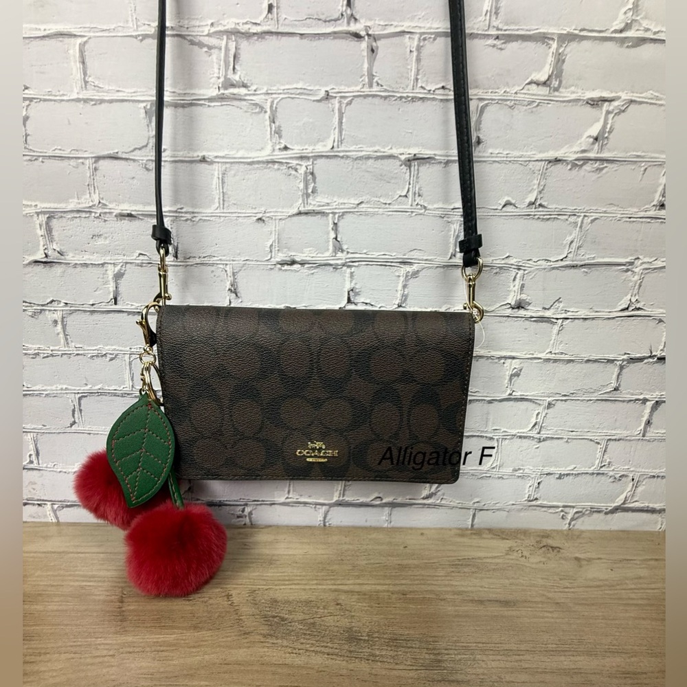 Coach Anna Foldover Clutch Wallet Crossbody black brown a free unbranded charm